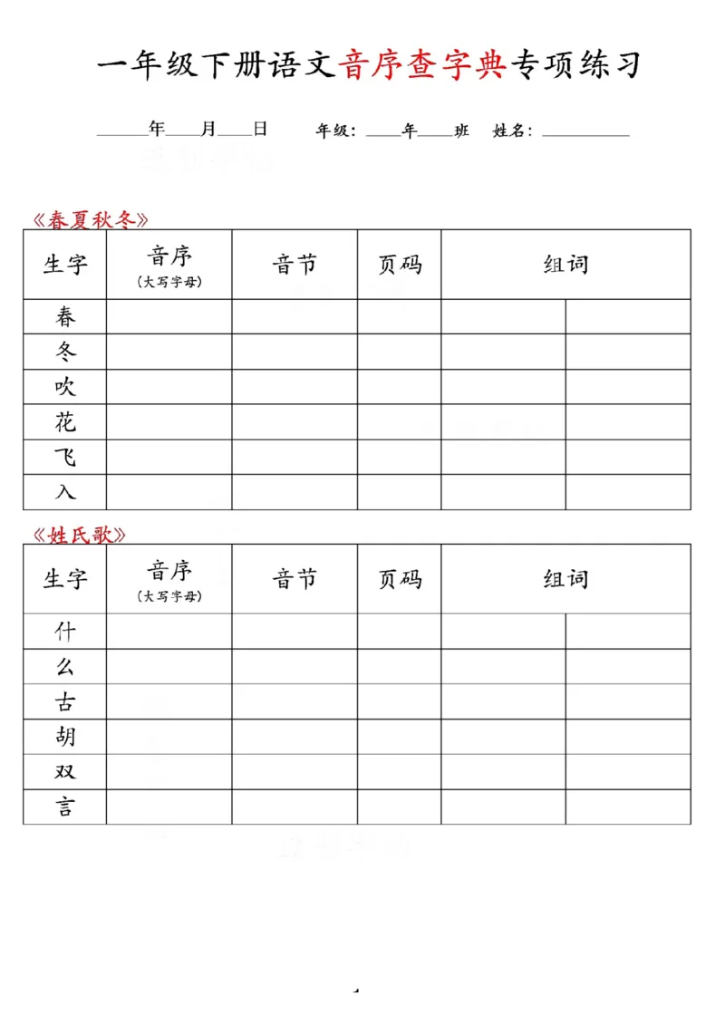 《一年级(下)语文音序查字典专项练习_1年级下册同步教辅_1下-语文_一下语文-专项练习》第1页预览