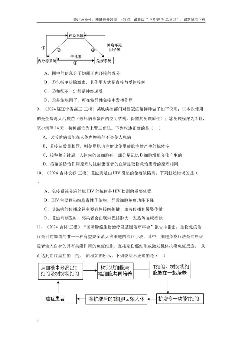 《专题12免疫调节（原卷版）_06-生物-高考总复习_专项复习_2025年_2024年高考三模试题分类汇编生物2新高考通用》第3页预览