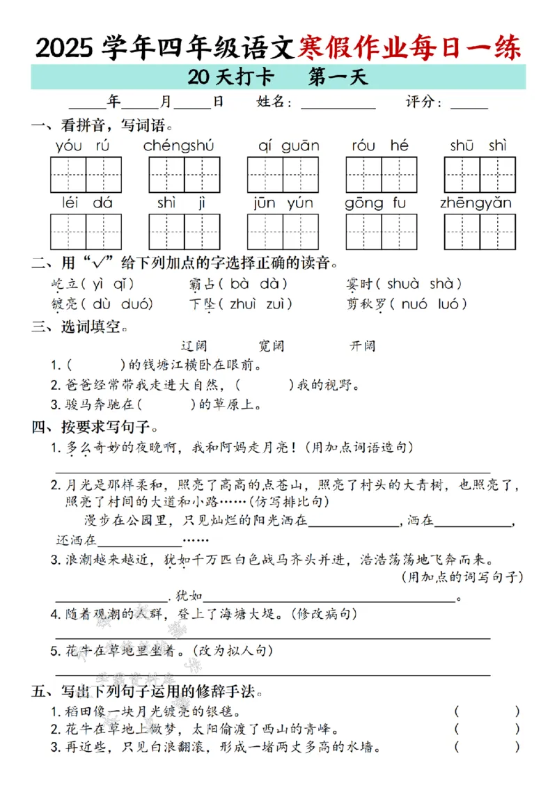 《_4年级下册同步教辅_四下语数英寒假作业_四年级（下）语文寒假作业每日一练（20天）专项练习-SY-》第1页预览