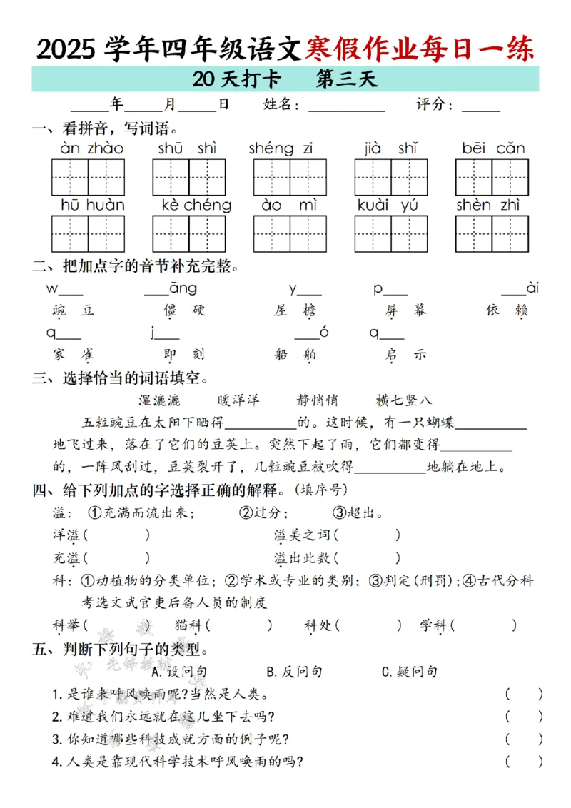 《_4年级下册同步教辅_四下语数英寒假作业_四年级（下）语文寒假作业每日一练（20天）专项练习-SY-》第3页预览