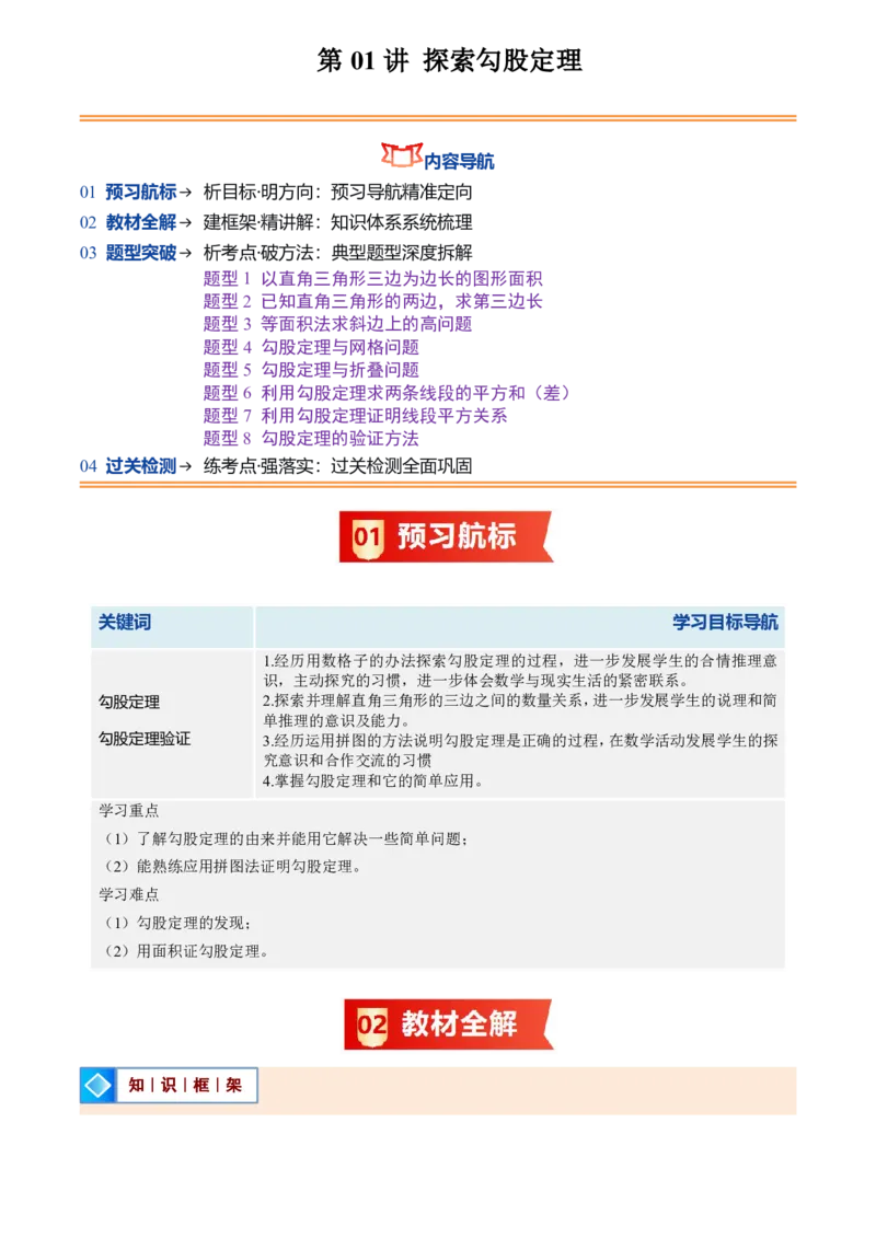 《北师2026版初中《暑假预习讲义》第01讲探索勾股定理(原卷版)_26秋小学初中各机构教辅大合集（一本、教材帮、阳光同学、王朝霞、实验班、小典中点、上分卷、白欧、课堂笔记等等）》第1页预览