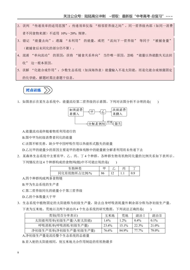 《培优专题17生态系统的能量流动（高效培优讲义）（学生版）_06-生物-高考总复习_一轮复习_2026年-生物高考一轮复习_2026年高考生物一轮复习讲义+练习+课件（新教材新高考）-G55_2026版》第9页预览
