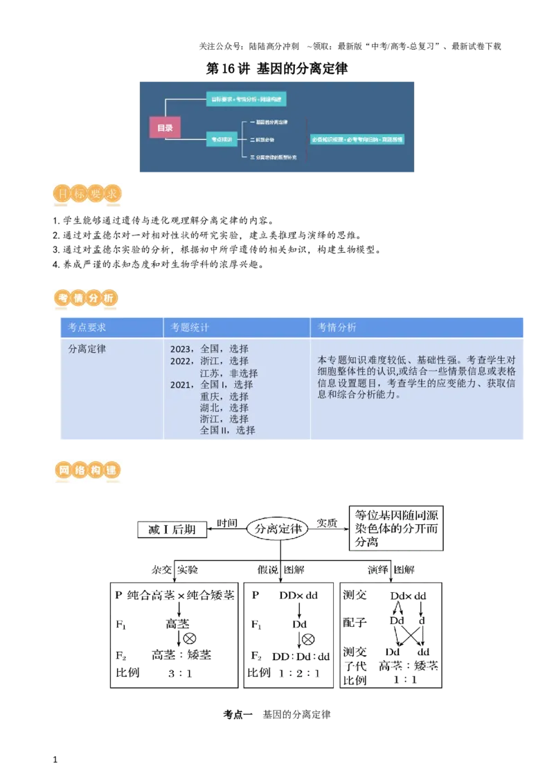 《第16讲基因的分离定律（讲义）（学生版）_06-生物-高考总复习_一轮复习_2024年_2024年高考生物一轮复习讲练测(课件+讲义+练习)（新高考）_讲义+练习》第1页预览