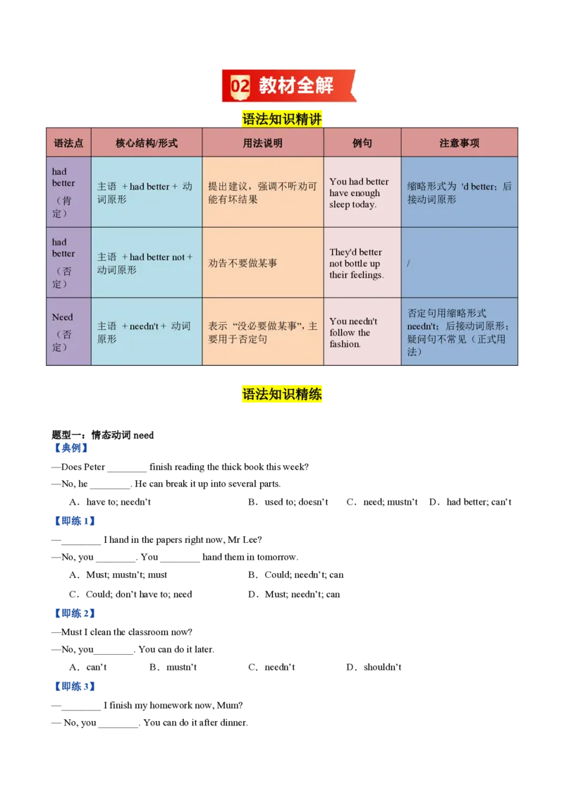 《第2讲U2核心语法：情态动词need和hadbetter（暑假预习讲义）（原卷版）_26秋初中教辅资料_26秋初中《暑假预习》_2026秋《暑假自学课》7上数学（沪教版▪五四制）》第2页预览
