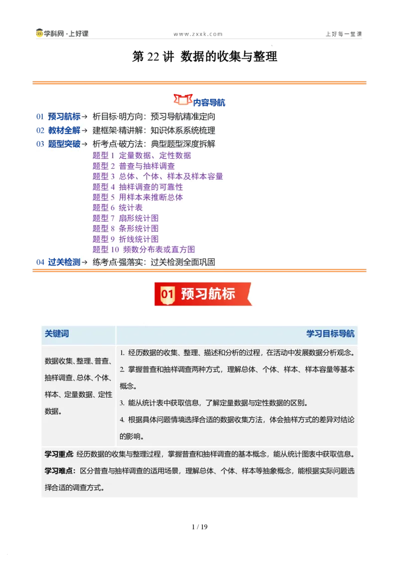 《第22讲数据的收集与整理（10类重点题型+过关检测，暑假预习讲义）（原卷版）_26秋初中教辅资料_26秋初中《暑假预习》_2026秋《暑假自学课》7上数学（北师版）_第六章数据的收集与整理》第1页预览