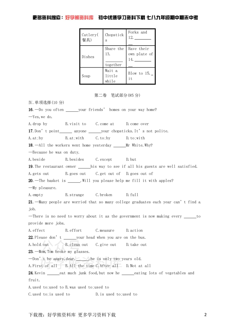 《九年级英语全册Unit10You’resupposedtoshakehands综合测评（人教新目标版）_初中英语期中卷+期末卷+单元卷+月考卷_初中英语单元测试_人教版_人教版_九全》第2页预览