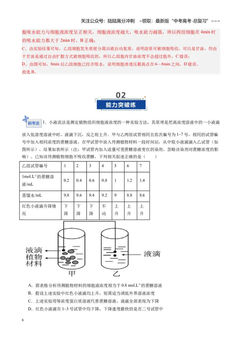 《第07讲水进出细胞的原理（专项训练）（安徽专用）（教师版）_06-生物-高考总复习_一轮复习_2026年-生物高考一轮复习_2026年高考生物一轮课件+讲义+练习（安徽专用）-G326》第6页预览