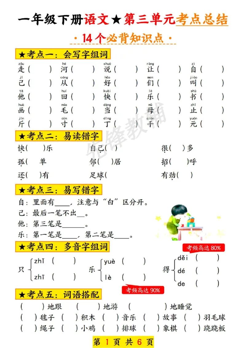 《一年级下册语文第三单元考点总结SY_1年级下册同步教辅_1下-语文_一下语文-专项练习》第1页预览