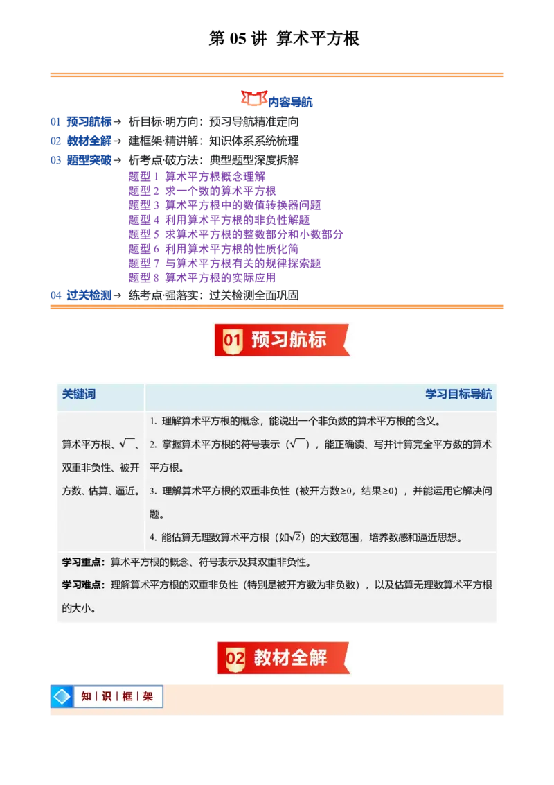 《北师2026版初中《暑假预习讲义》第05讲算术平方根(解析版)_26秋小学初中各机构教辅大合集（一本、教材帮、阳光同学、王朝霞、实验班、小典中点、上分卷、白欧、课堂笔记等等）》第1页预览