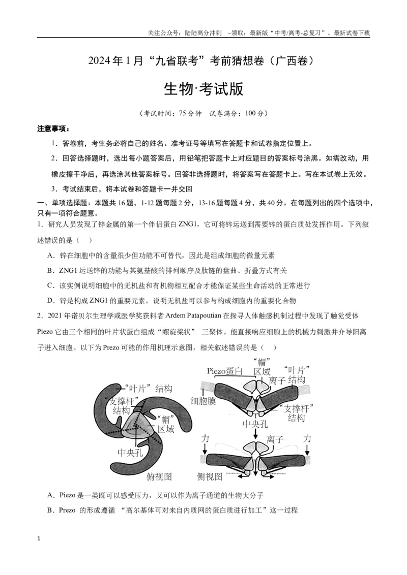 《生物（广西卷）（考试版）_06-生物-高考总复习_专项复习_2024年_2024高考生物1月九省联考猜想卷真题汇编完全解读_2024年1月“九省联考”生物考前猜想卷》第1页预览