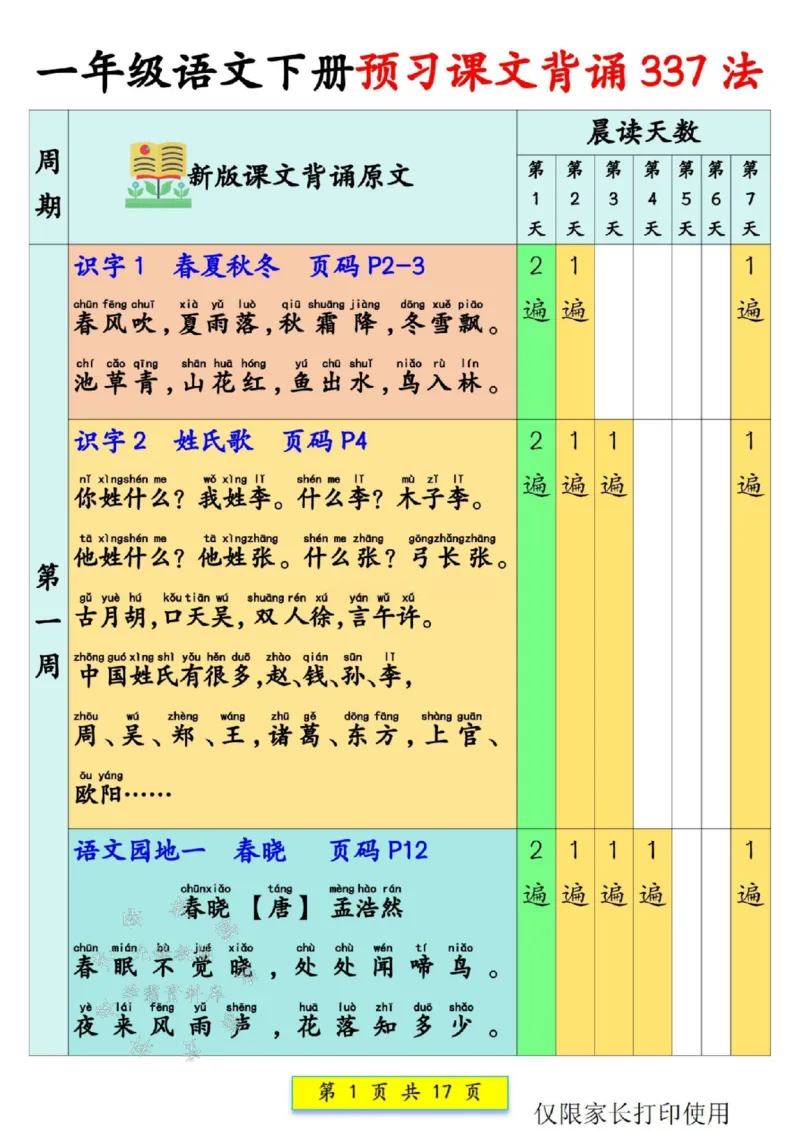 《一年级语文下册预习课文背诵337法SY(2)_1年级下册同步教辅_1下-语文_一下语文-预习资料》第1页预览