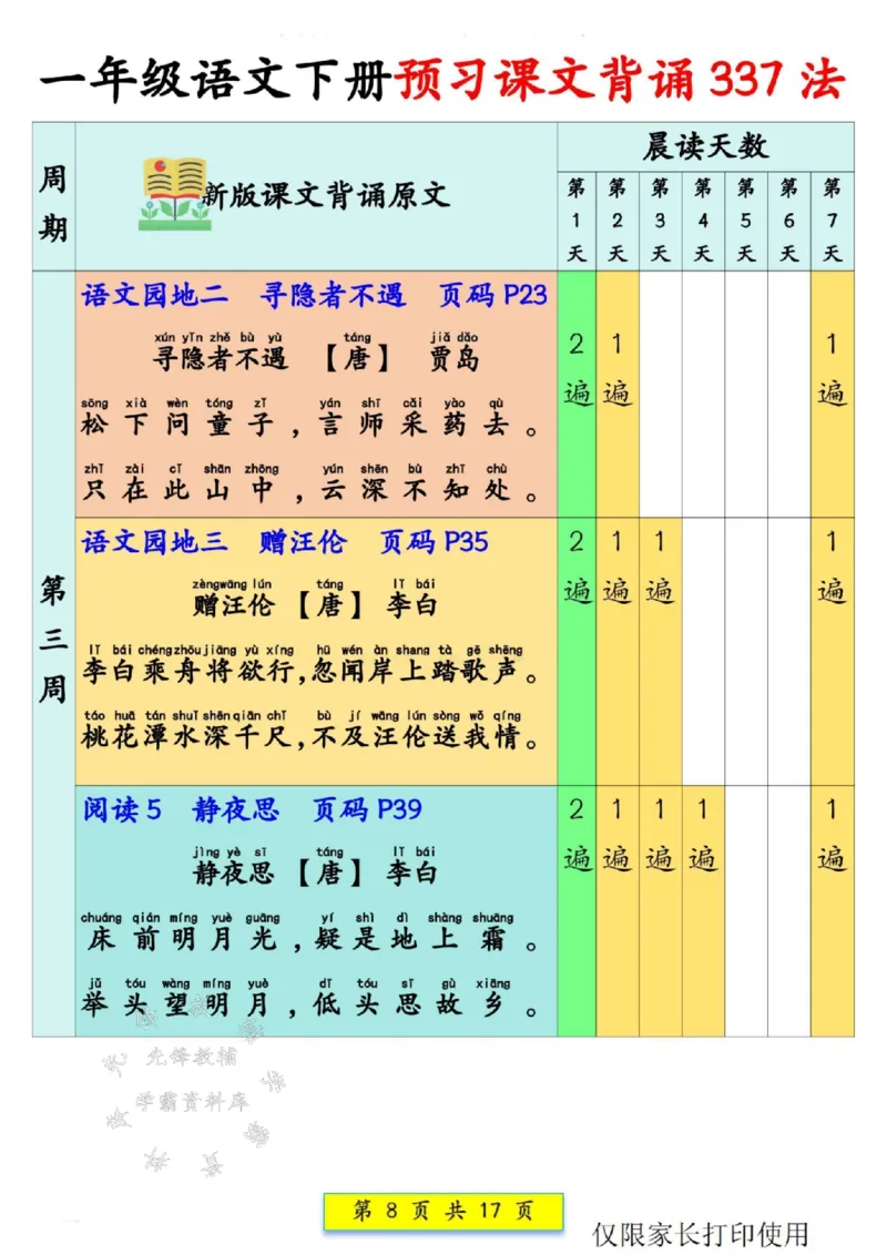 《一年级语文下册预习课文背诵337法SY(2)_1年级下册同步教辅_1下-语文_一下语文-预习资料》第8页预览