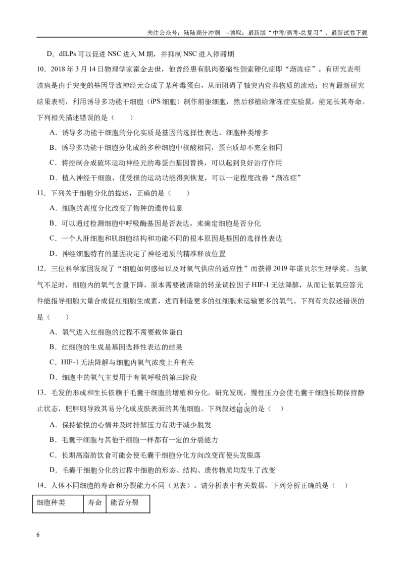 《专题14细胞分化、衰老、凋亡和癌变（原卷版)_06-生物-高考总复习_一轮复习_2024年_2024年高考生物一轮复习重难点专项突破_资料》第6页预览