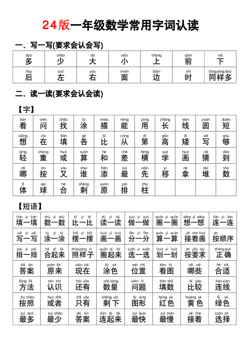 《一年级数学常用字认读_1年级上册同步教辅_1上语文_一上语文-生字+字帖》第1页预览