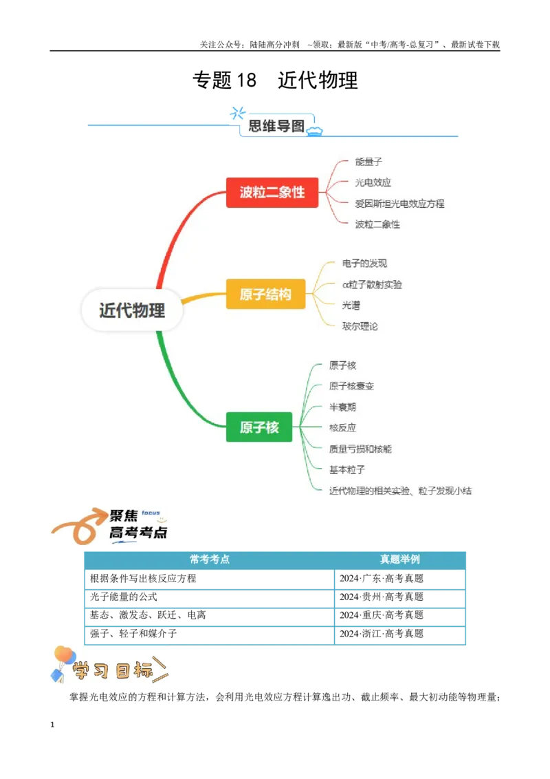 《专题18近代物理（教师版）_04-物理-高考总复习_一轮复习_2025年_2025年高考物理一轮复习知识清单（全国通用）》第1页预览