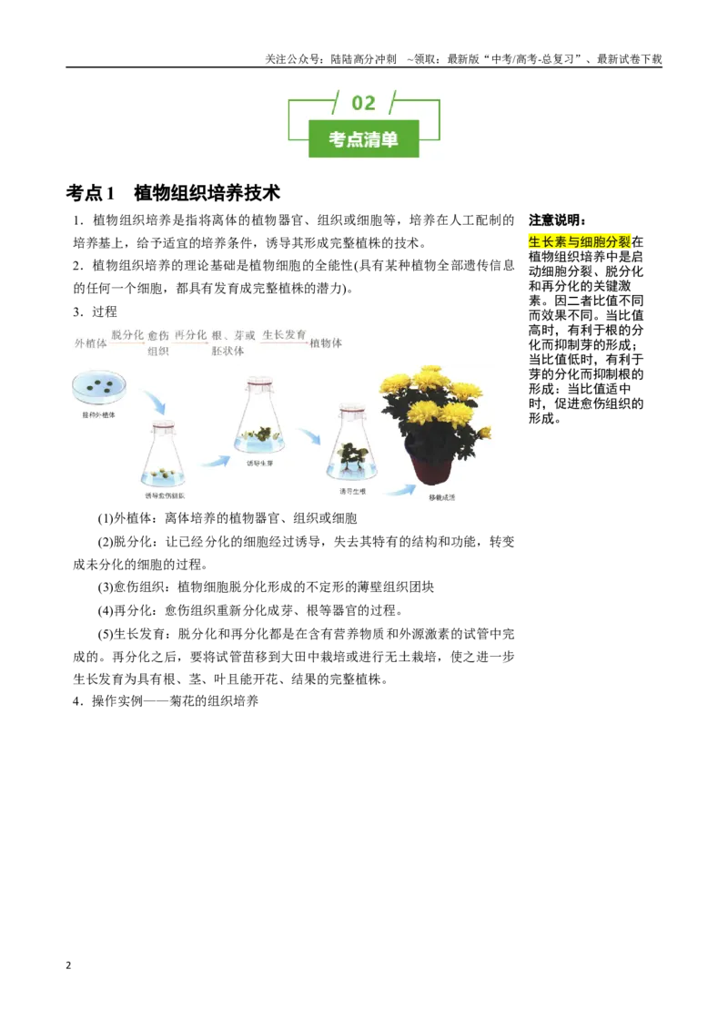 《知识清单34植物细胞工程（3大考点+4个易错点）_06-生物-高考总复习_一轮复习_2025年_2025年高考生物一轮复习知识清单（全国通用）》第2页预览