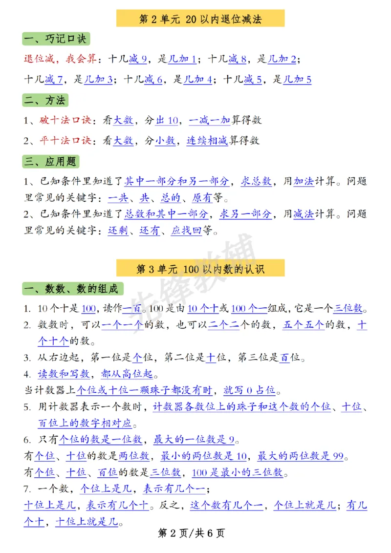 《一年级（下）数学知识点汇总《人教》_1年级下册同步教辅_1下-数学_一下数学-专项练习题》第2页预览