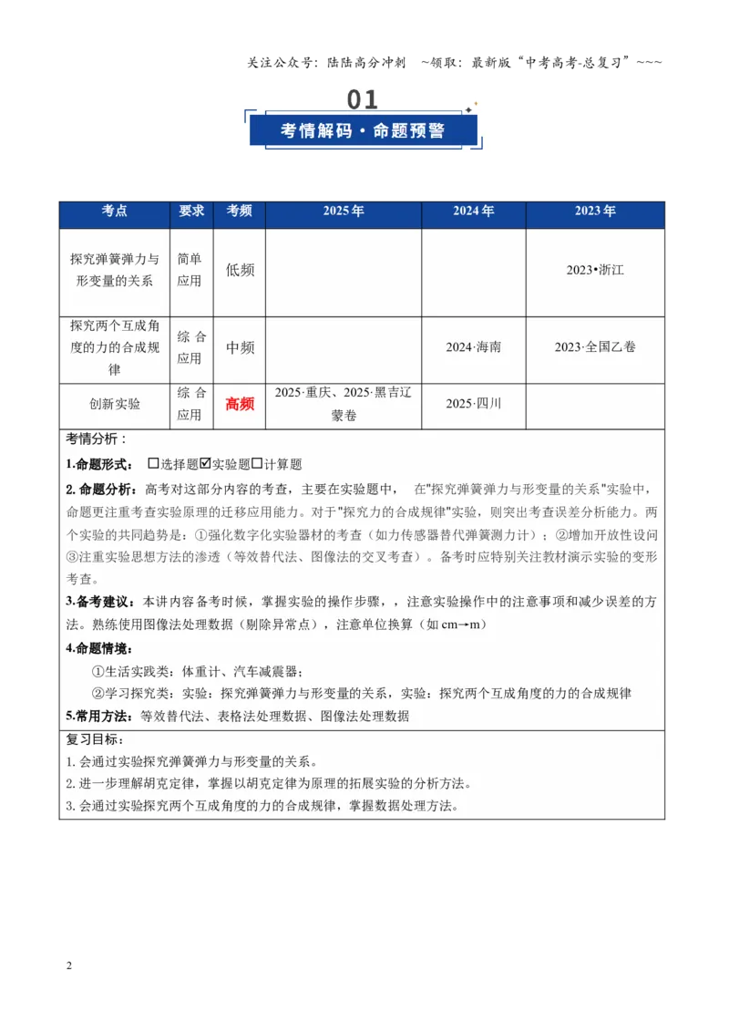 《第08讲实验：探究弹簧弹力与形变量的关系、探究两个互成角度的力的合成规律（复习讲义）（全国通用）（教师版）_04-物理-高考总复习_一轮复习_2026年-物理高考一轮复习_2026版》第2页预览