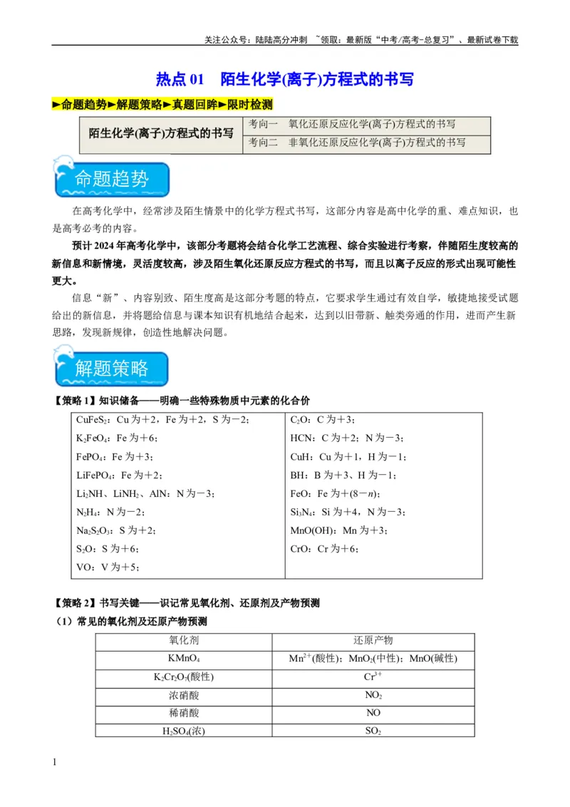 《热点01陌生化学(离子)方程式的书写-（学生版）_05-化学-高考总复习_专项复习_2024年_2024年高考化学热点·重点·难点专练（新高考专用）》第1页预览