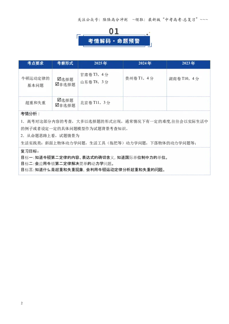 《第09讲牛顿运动定律的理解及基本应用（复习讲义）（福建专用）（学生版）_04-物理-高考总复习_一轮复习_2026年-物理高考一轮复习_2026年高考物理一轮课件+讲义+练习（福建专用）-G328》第2页预览
