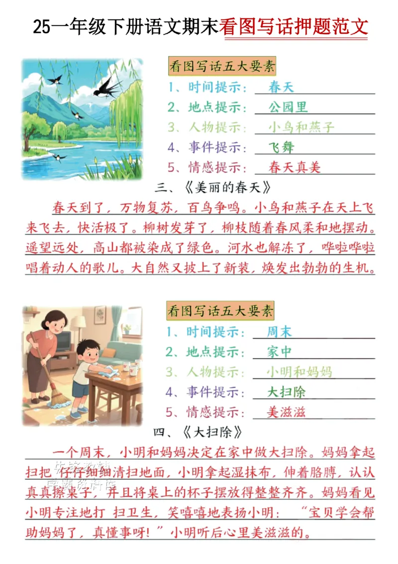 《一年级（下）语文看图写话期末押题范文(1)_1年级下册同步教辅_1下-语文_一下语文-复习资料》第2页预览