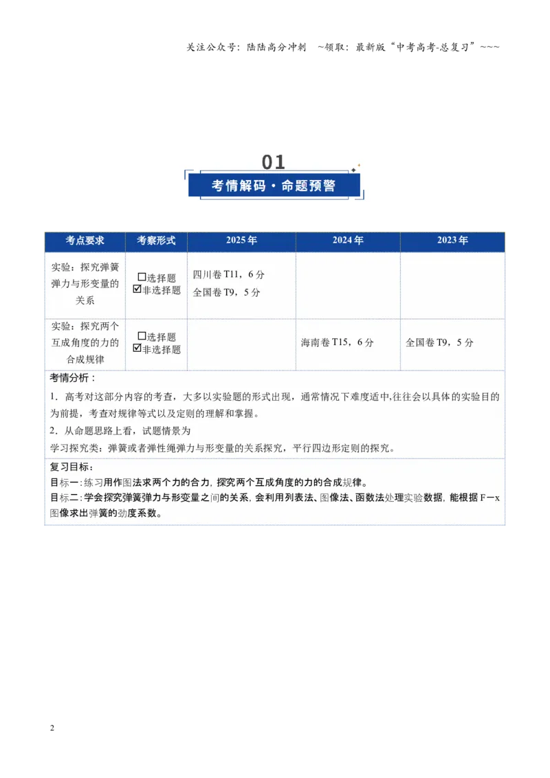 《第08讲实验：探究弹簧弹力与形变量的关系、实验：探究两个互成角度的力的合成规律（复习讲义）（福建专用）（学生版）_04-物理-高考总复习_一轮复习_2026年-物理高考一轮复习》第2页预览