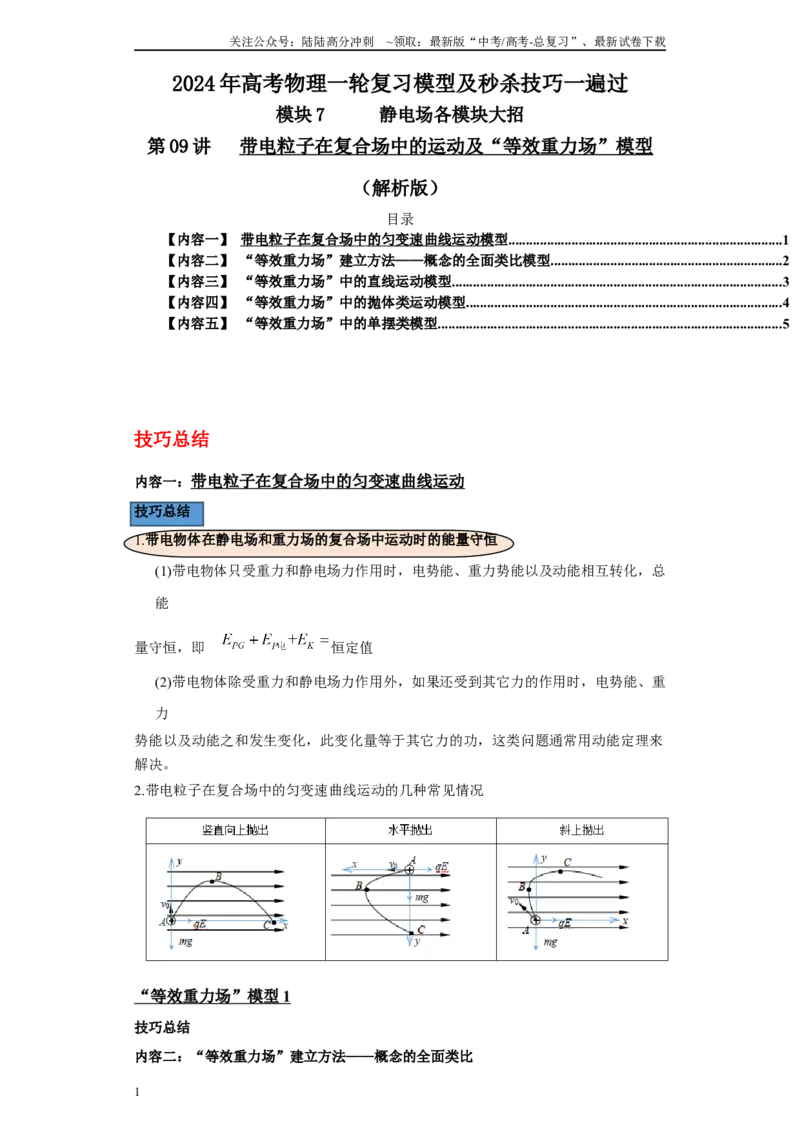 《第09讲带电粒子在复合场中的运动及“等效重力场”模型（解析版）_04-物理-高考总复习_一轮复习_2024年_2024年高考物理一轮复习模型解题技巧巩固练习备考》第1页预览