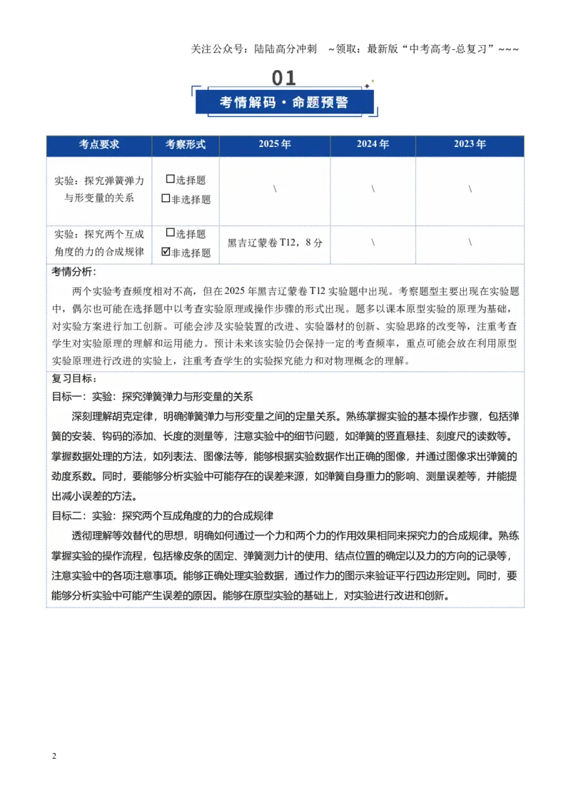 《第09讲实验：探究弹簧弹力与形变量的关系、实验：探究两个互成角度的力的合成规律（复习讲义）（黑吉辽蒙专用）（教师版）_04-物理-高考总复习_一轮复习_2026年-物理高考一轮复习》第2页预览