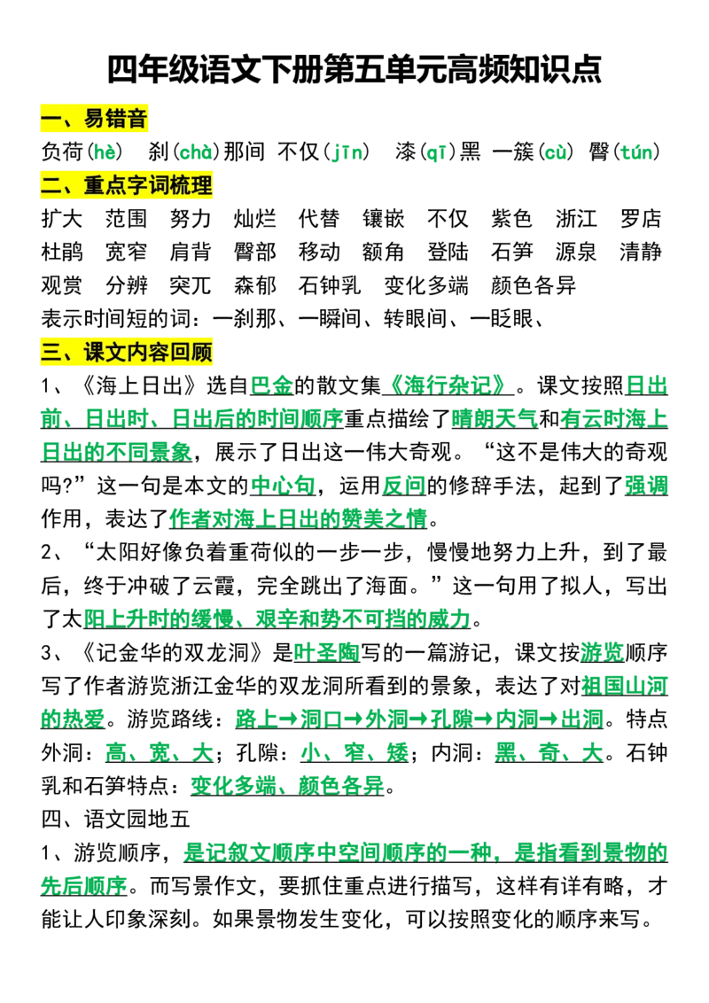 《_4年级下册同步教辅_四下语文_四下语文重点必背_四年级（下）语文5-8单元自编知识点(必背)-》第1页预览
