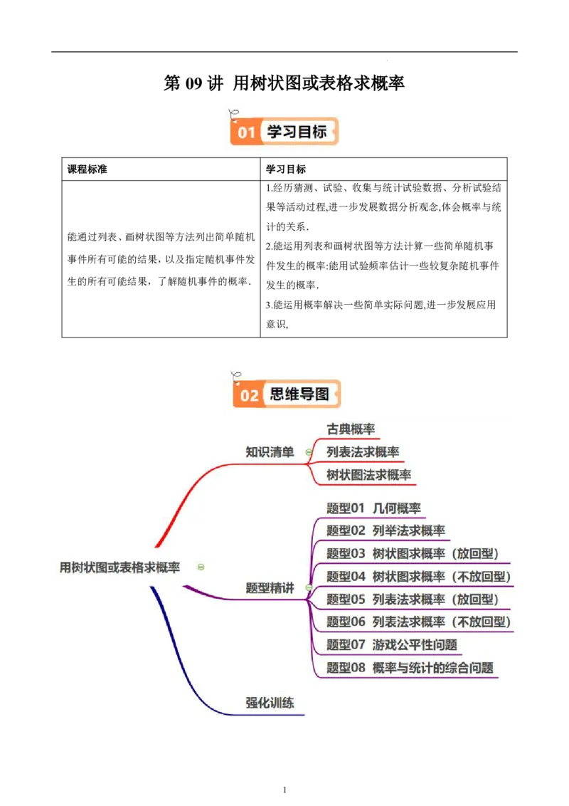 《北师2026版《暑假衔接讲义》第09讲用树状图或表格求概率（3大考点8大题型）（教师版）_26秋初中教辅资料_26秋初中《暑假预习》》第1页预览