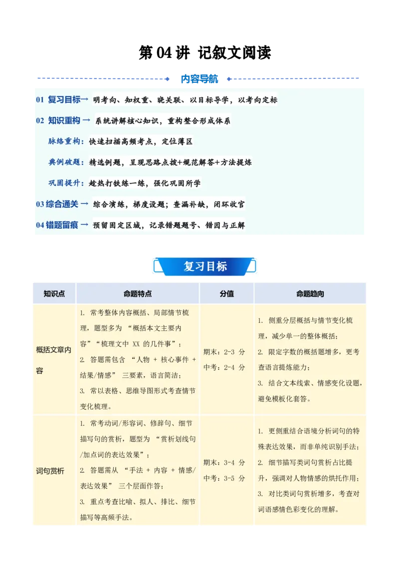 《统编2026年《暑假预习讲义》第04讲记叙文阅读（暑假复习讲义）（自学课）（原卷版）_26秋初中教辅资料_26秋初中《暑假预习》_2026秋《暑假自学课》8上语文（人教版）》第1页预览