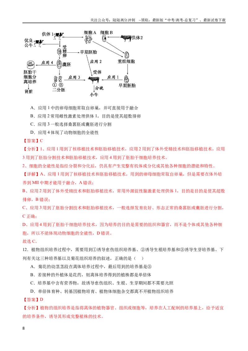 《专题14细胞工程（选择题60道）（解析版）_06-生物-高考总复习_二轮复习_2024年_2024年高考生物二轮复习选择题大题压轴专项训练_资料》第8页预览