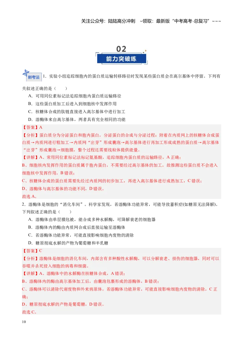 《第06讲细胞器和生物膜系统（专项训练）（黑吉辽蒙专用）（教师版）_06-生物-高考总复习_一轮复习_2026年-生物高考一轮复习_2026年高考生物一轮课件+讲义+练习（黑吉辽蒙专用）-G330》第10页预览