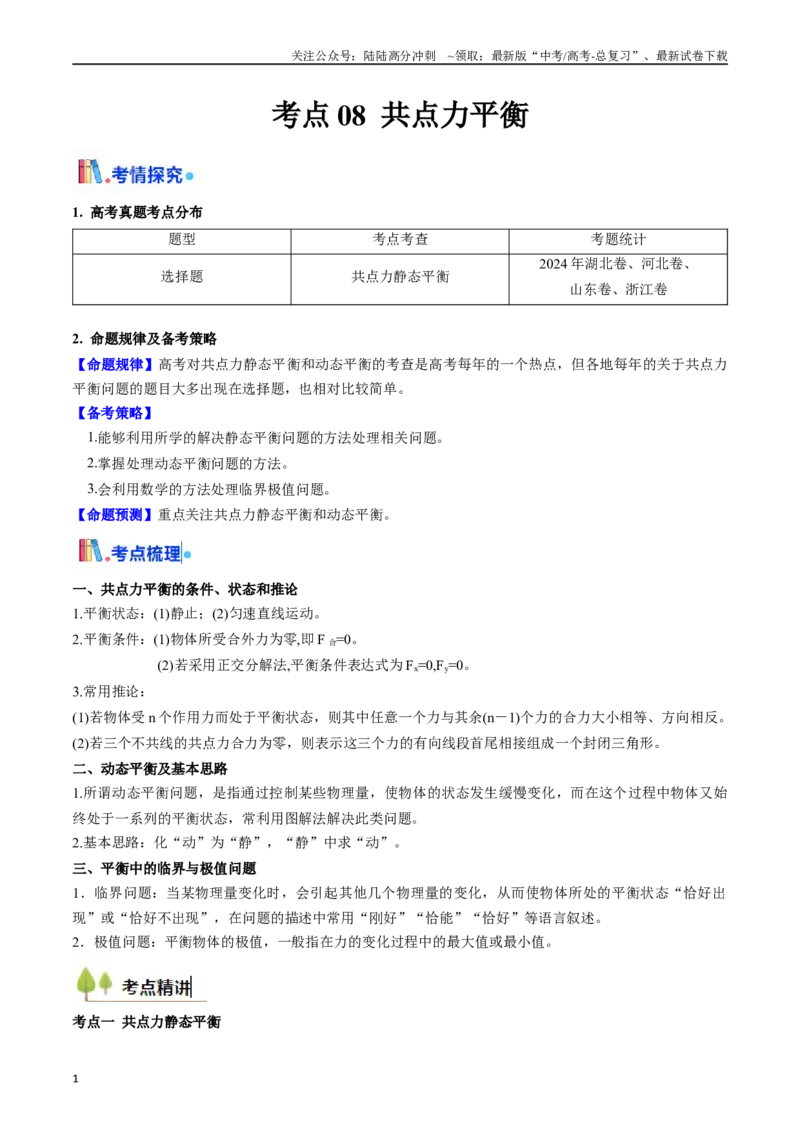 《考点08共点力平衡（核心考点精讲精练）（学生版）_04-物理-高考总复习_一轮复习_2025年_2025年高考物理一轮复习考点精讲精练（新高考通用）》第1页预览