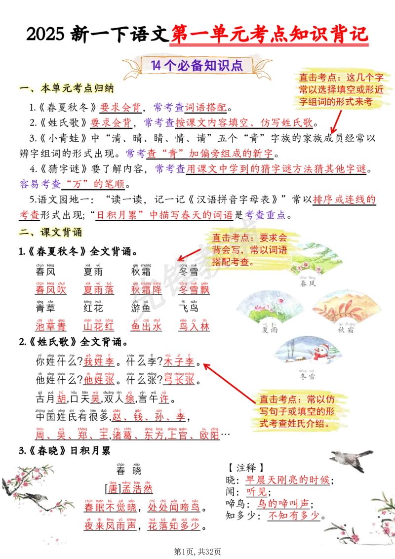 《一年级（下）语文1-8单元考点知识背记（32页）(1)_1年级下册同步教辅_1下-语文_一下语文-复习资料》第1页预览