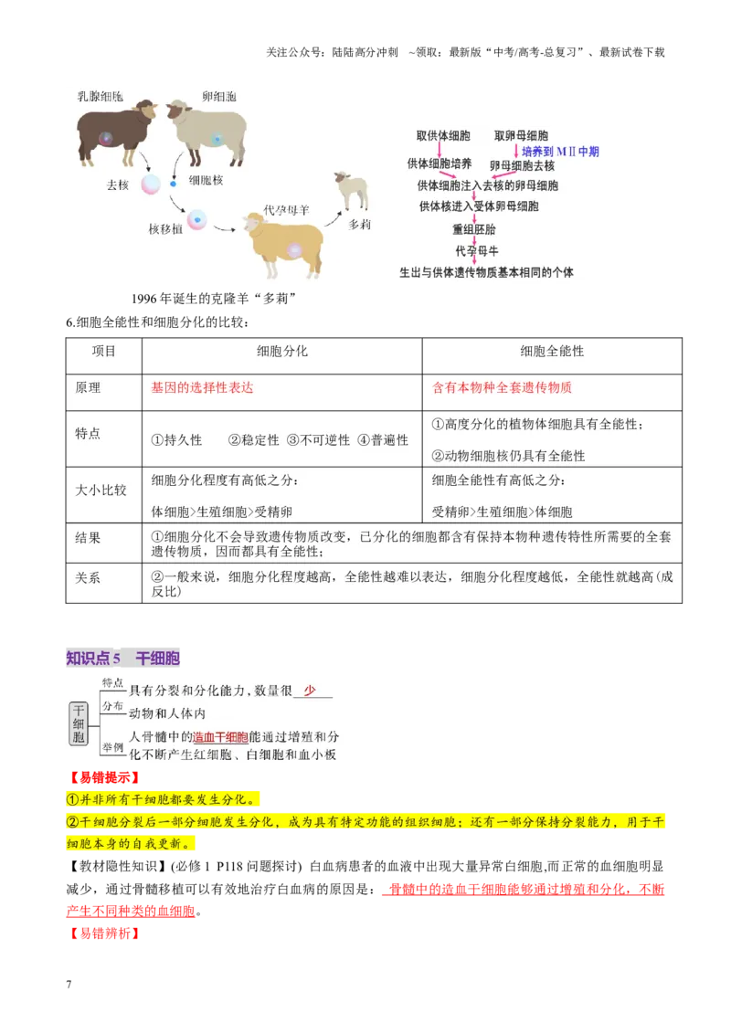 《第14讲细胞的分化、衰老、死亡和癌变（讲义）（教师版）_06-生物-高考总复习_一轮复习_2025年_2025年新高考生物一轮复习讲义PPT知识点习题训_资料_第四单元细胞的生命历程》第7页预览