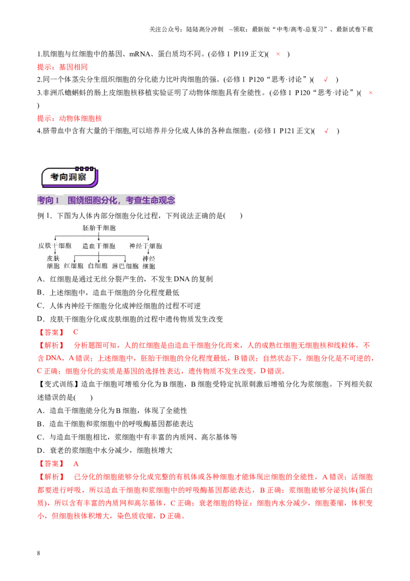 《第14讲细胞的分化、衰老、死亡和癌变（讲义）（教师版）_06-生物-高考总复习_一轮复习_2025年_2025年新高考生物一轮复习讲义PPT知识点习题训_资料_第四单元细胞的生命历程》第8页预览