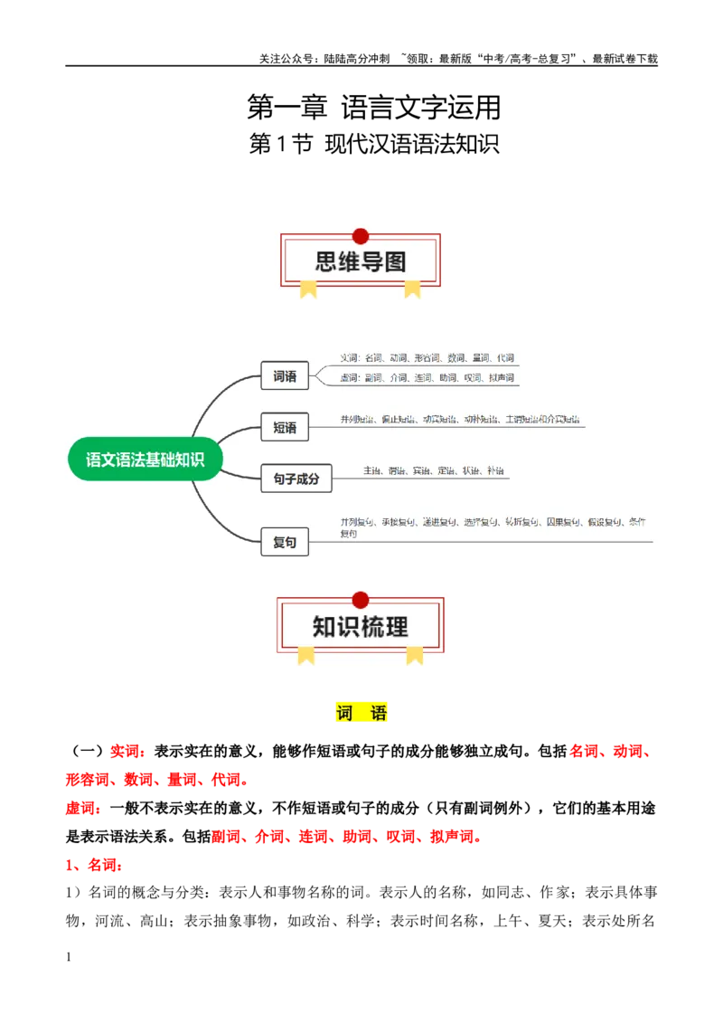《第1节现代汉语语法知识-2024年高考语文一轮复习知识清单（全国通用）（解析版）_一轮复习_2024年_2024年高考语文一轮复习知识清单梳理典例全国通用_第1章语言文字运用》第1页预览
