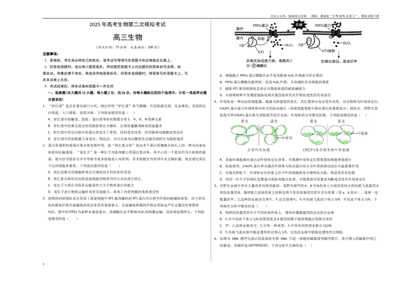 《生物（湖南卷）（考试版A3）_06-生物-高考总复习_专项复习_2025年_2025年高考第一二三次模拟卷（多地区）生物_2025年高考生物第二次模拟卷26套_生物（湖南卷）》第1页预览
