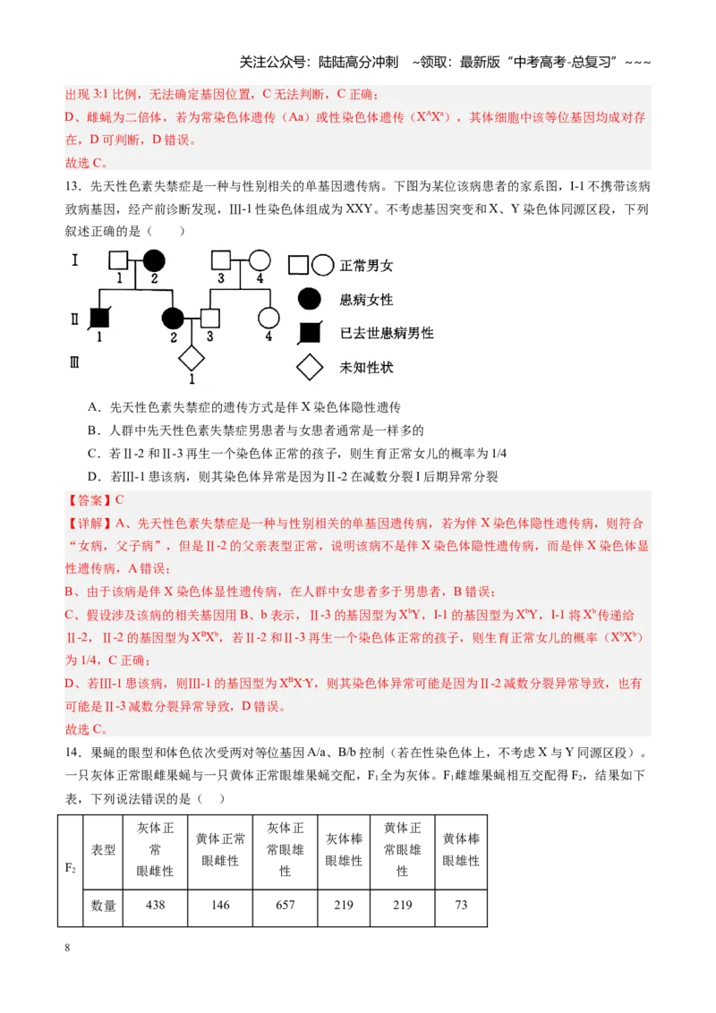 《第16讲伴性遗传和人类遗传病（专项训练）（黑吉辽蒙专用）（教师版）_06-生物-高考总复习_一轮复习_2026年-生物高考一轮复习_2026年高考生物一轮课件+讲义+练习（黑吉辽蒙专用）-G330》第8页预览