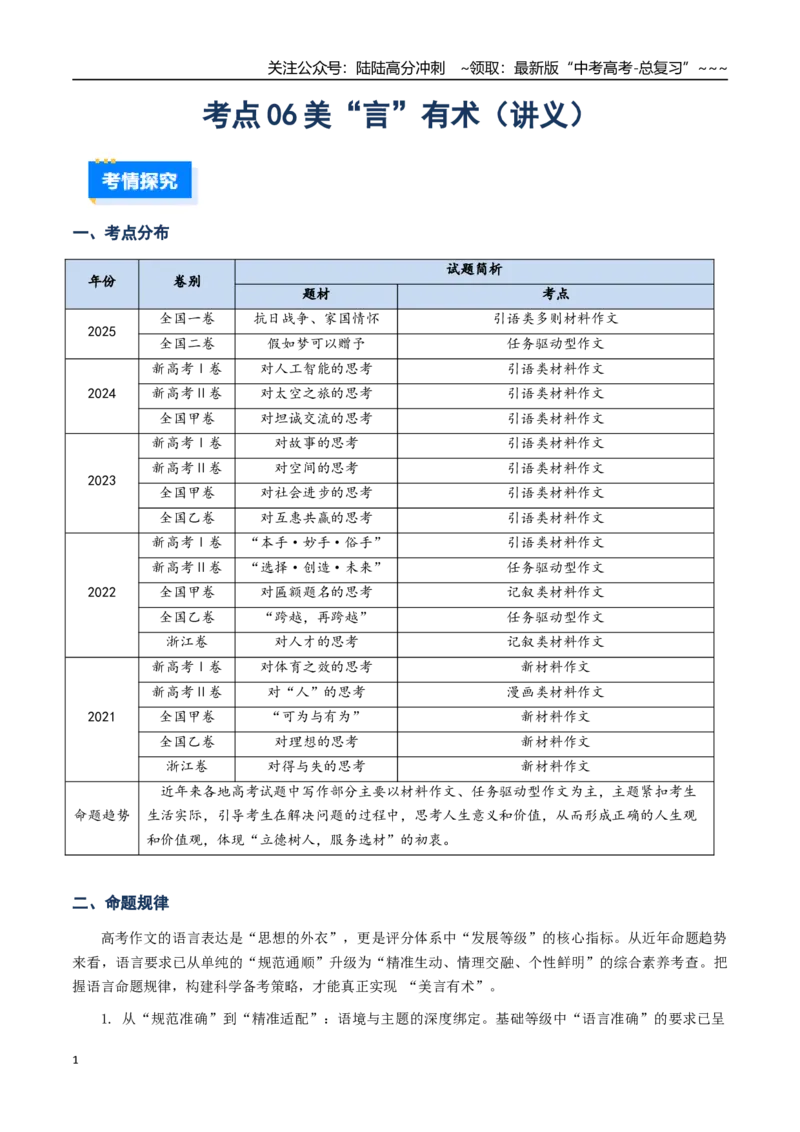 《核心考点06美“言”有术（讲义）（全国通用）（学生版）_一轮复习_2026年-语文一轮复习_2026年高考语文一轮复习考点精讲精练（新高考通用）-G58_2026版》第1页预览