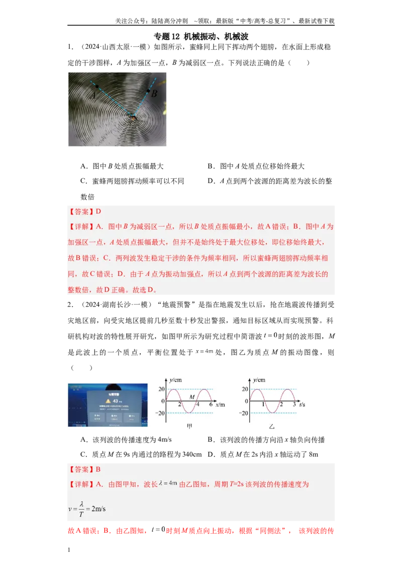 《专题12机械振动、机械波(解析版)_04-物理-高考总复习_专项复习_2025年_2024年高考一模试题分类汇编物理新高考专用》第1页预览