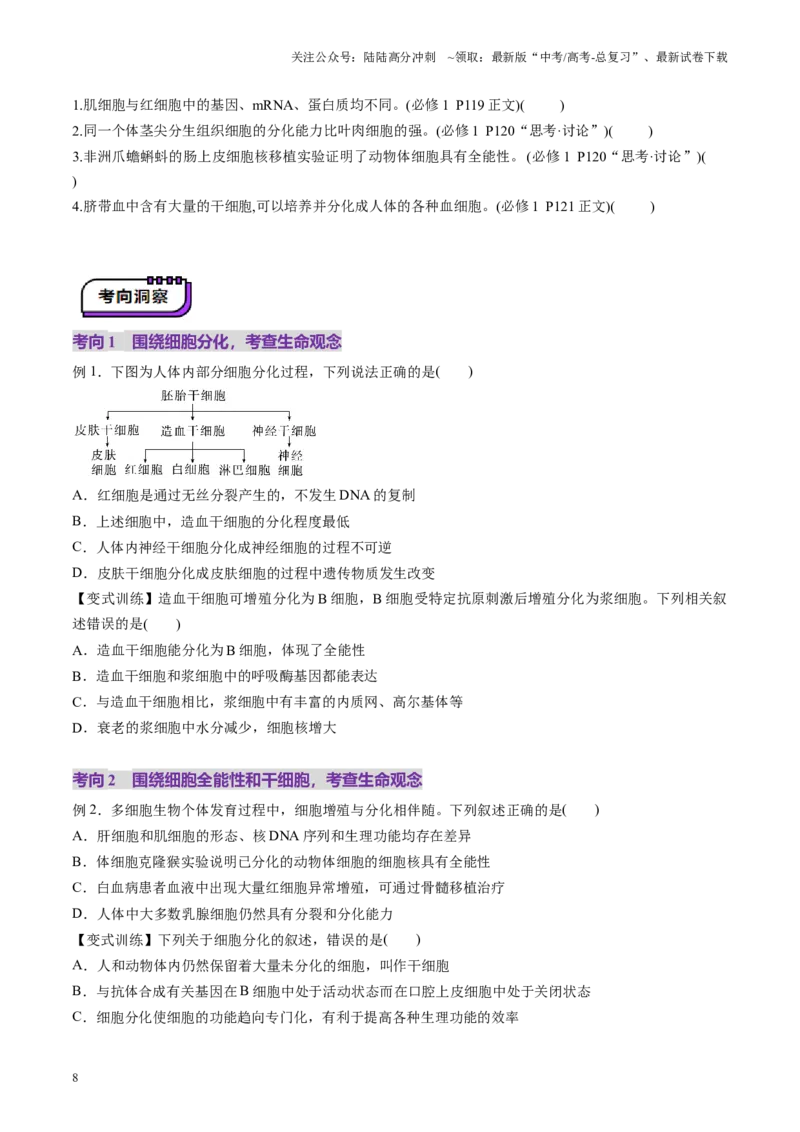 《第14讲细胞的分化、衰老、死亡和癌变（讲义）（学生版）_06-生物-高考总复习_一轮复习_2025年_2025年高考生物一轮复习讲义+练习+课件（新教材新高考）_第四单元细胞的生命历程》第8页预览