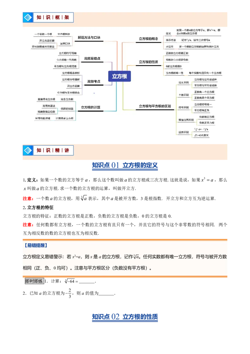 《北师2026版初中《暑假预习讲义》第07讲立方根(原卷版)_26秋小学初中各机构教辅大合集（一本、教材帮、阳光同学、王朝霞、实验班、小典中点、上分卷、白欧、课堂笔记等等）》第2页预览