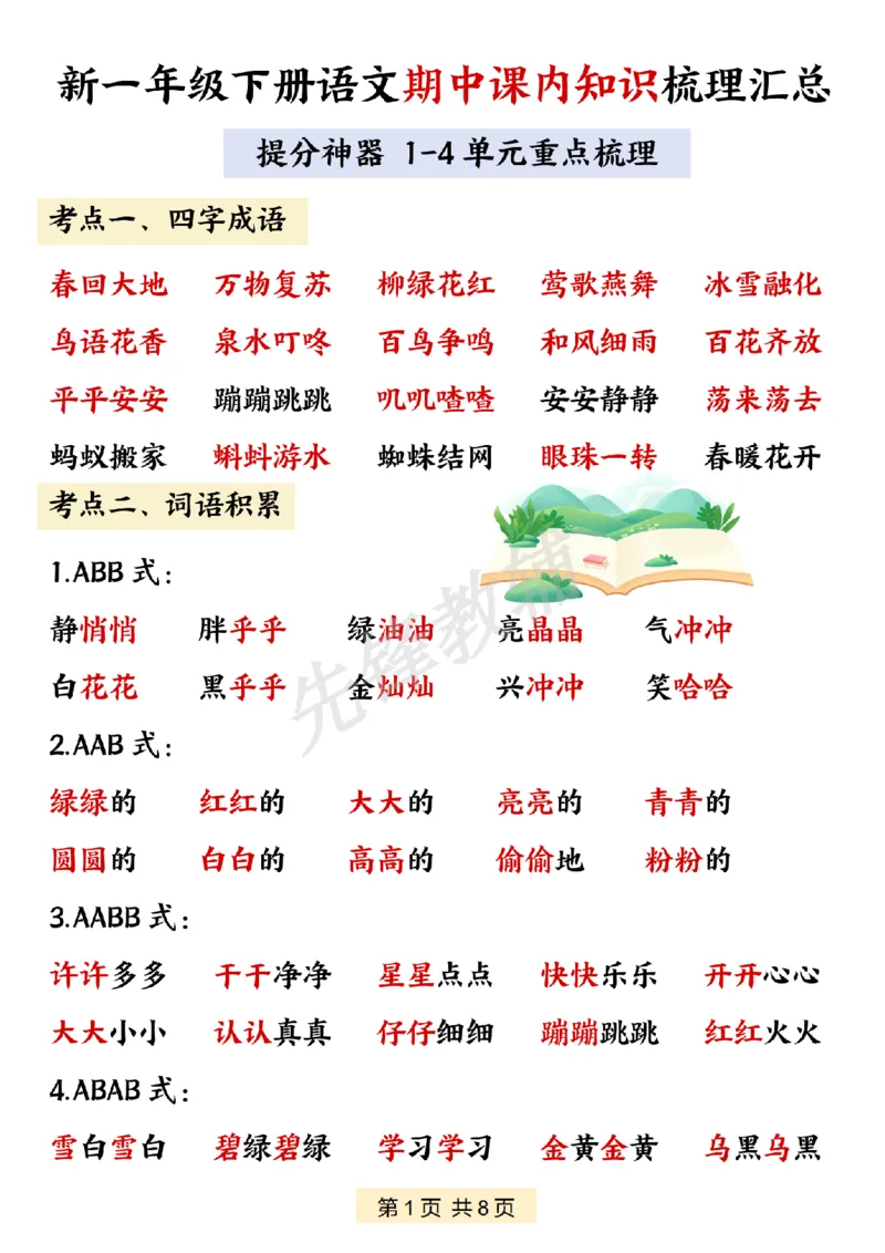 《一年级（下）语文期中课内知识梳理汇总_1年级下册同步教辅_1下-语文_一下语文-复习资料》第1页预览