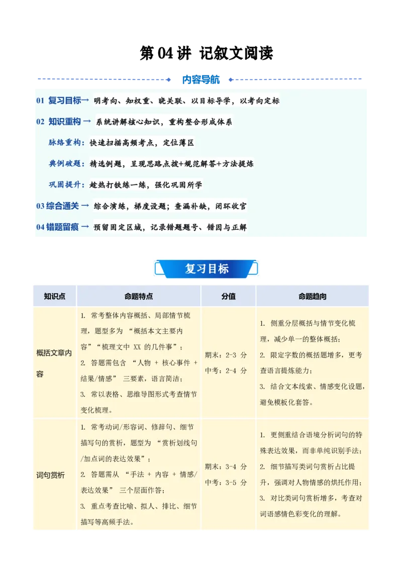 《统编2026年《暑假预习讲义》第04讲记叙文阅读（暑假复习讲义）（自学课）（解析版）_26秋初中教辅资料_26秋初中《暑假预习》_2026秋《暑假自学课》8上语文（人教版）》第1页预览