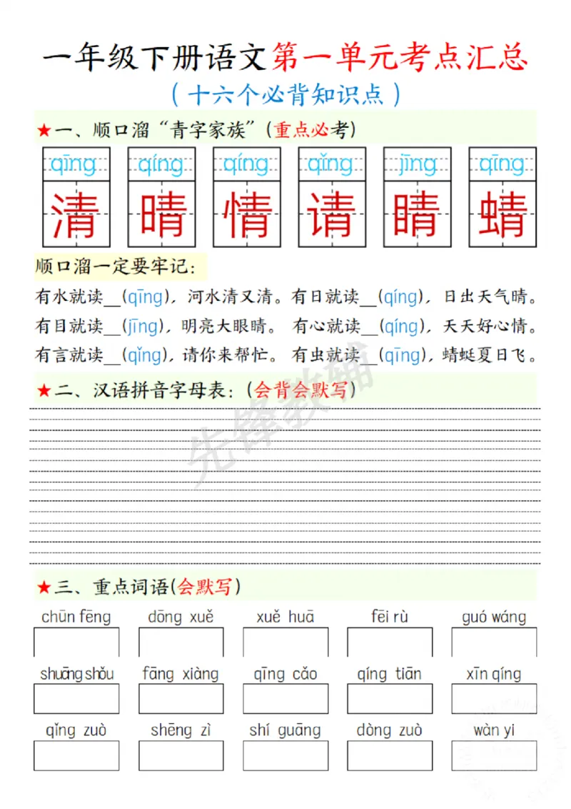 《一年级下册语文第一单元考点练习SY(1)_1年级下册同步教辅_1下-语文_一下语文-复习资料》第1页预览