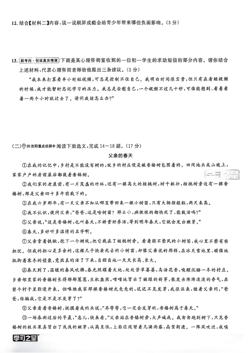 《七上语文真题卷A4_2027版初中《学习之星真题的逻辑》7年级上册（语文）》第10页预览