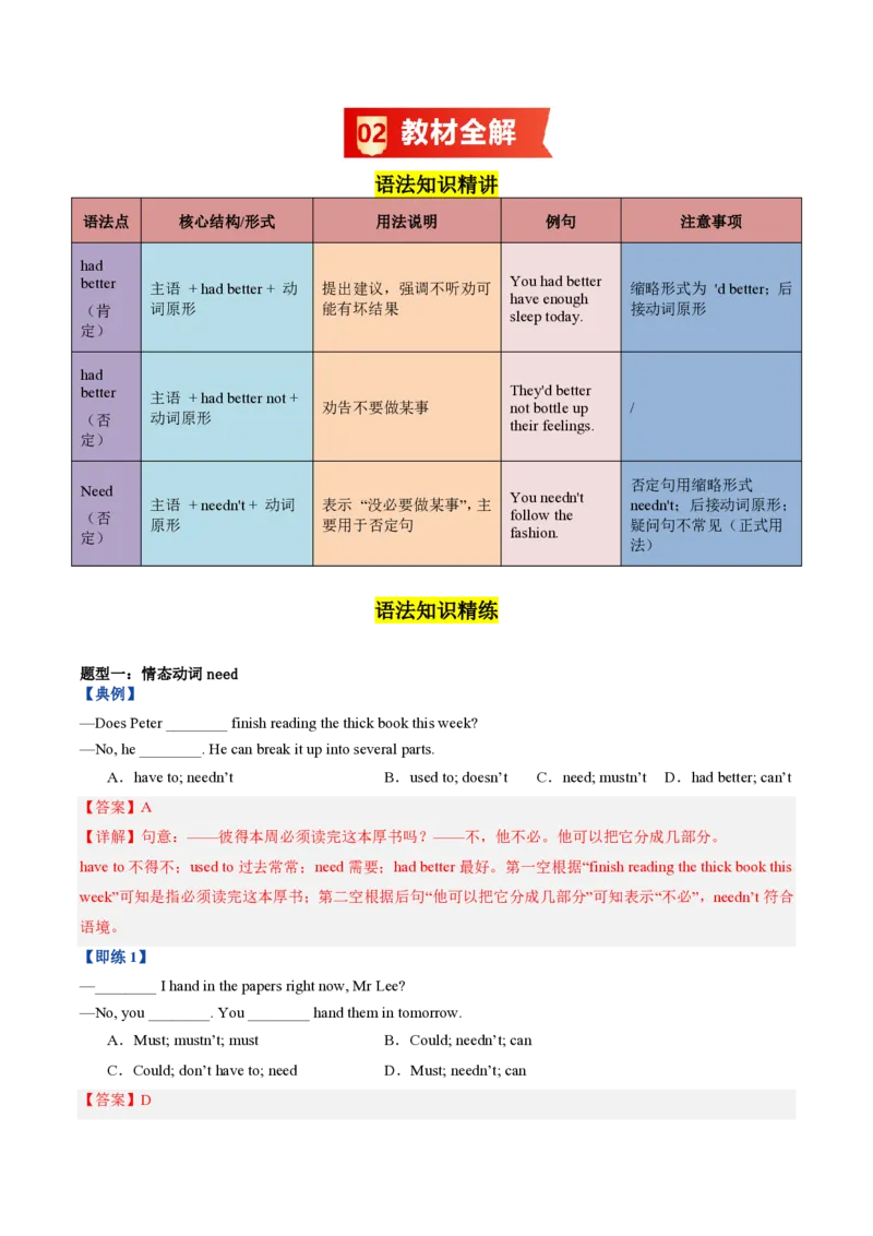 《第2讲U2核心语法：情态动词need和hadbetter（暑假预习讲义）（解析版）_26秋初中教辅资料_26秋初中《暑假预习》_2026秋《暑假自学课》7上数学（沪教版▪五四制）》第2页预览