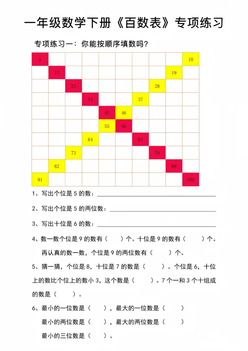 《一年级数学下册百数表专项练习2_1年级下册同步教辅_1下-数学_一下数学-专项练习题》第1页预览